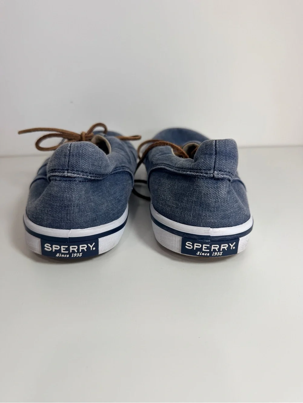 Sperry Denim Blue Canvas Low-Top Sneakers with Brown Laces